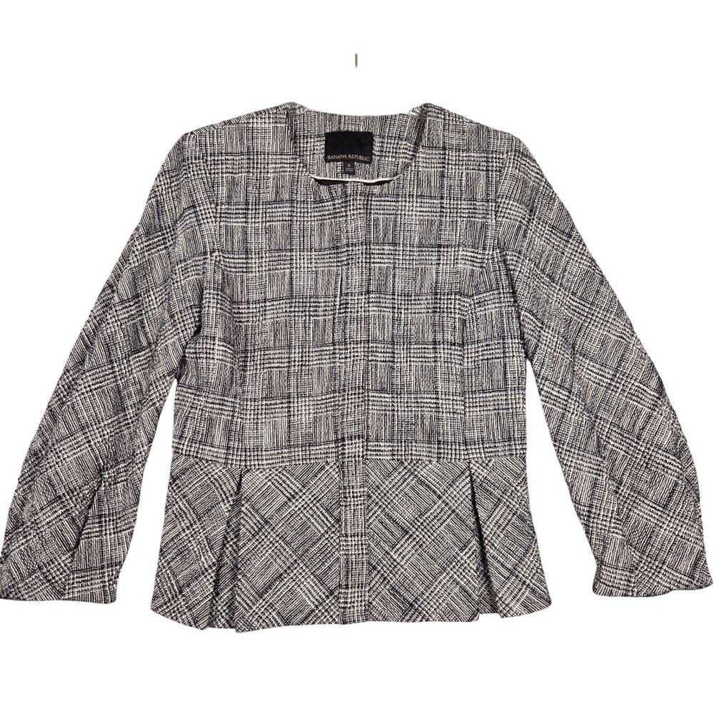 Banana Republic Women 8 Peplum Blazer Jacket Tweed Black White Hidden Button